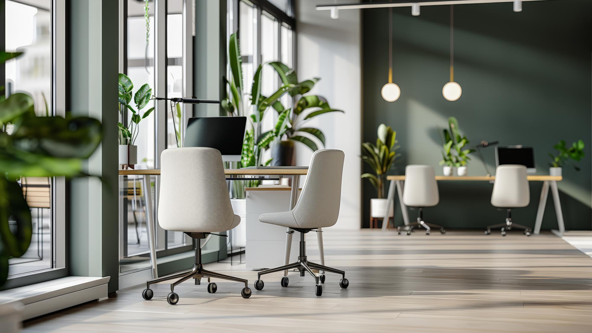 A modern office space featuring large windows with natural light, greenery in pots, two workstations with computers, and comfortable swivel chairs. The design is minimalistic with a warm color palette and wooden floors.